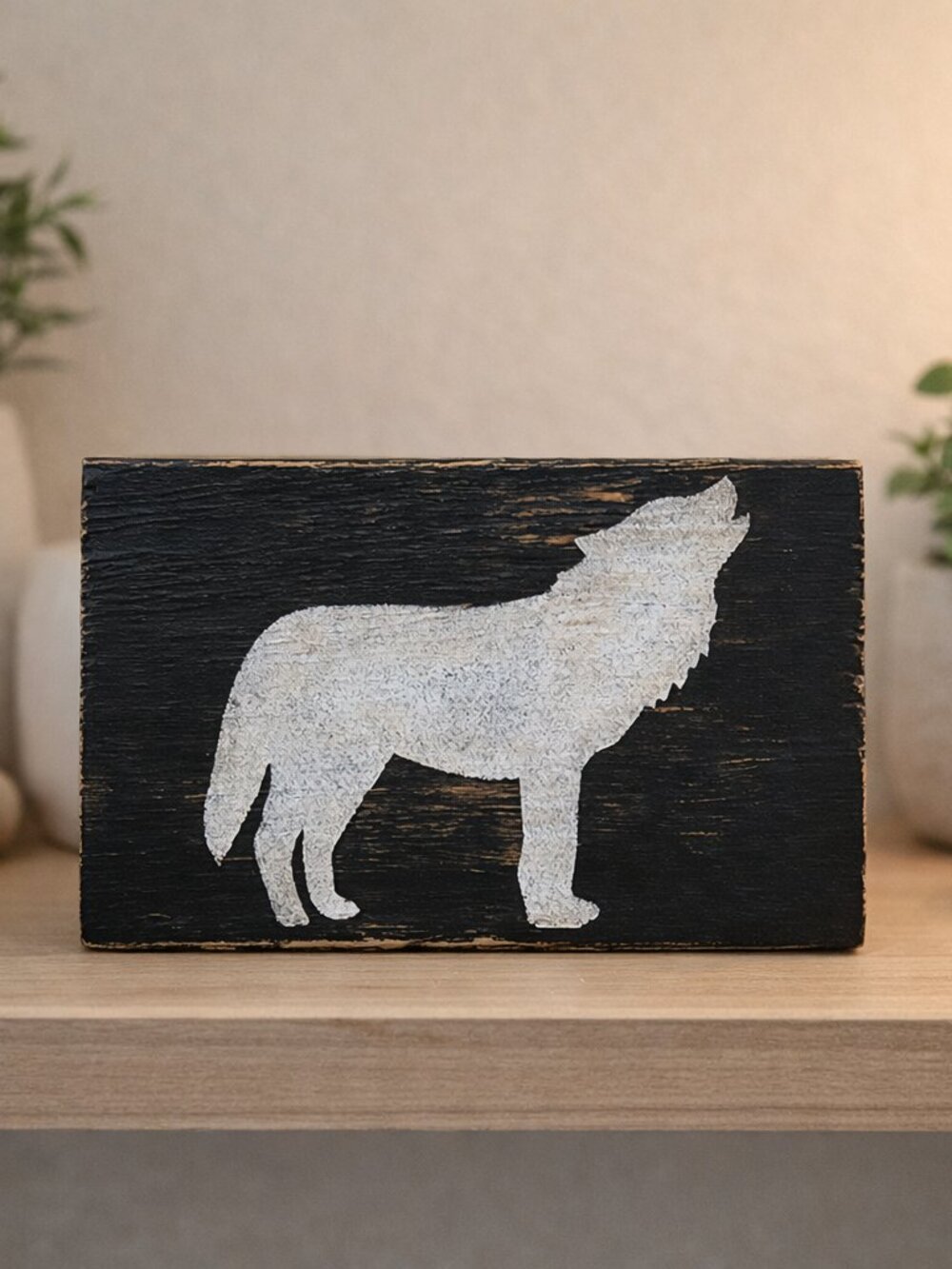 Rustic Wolf Wood Block Decor | Handmade Cabin Woodland Shelf Sitter